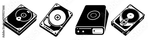 Set of four modern hard disk drives isolated on white background 3D render data storage technology