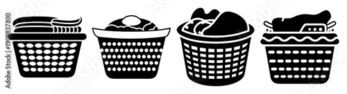 Set of four black and white shopping baskets with handles isolated on white background minimalist vector illustration