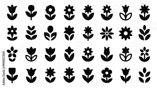 Collection of black flower silhouettes in various styles and shapes on white background for design and decoration