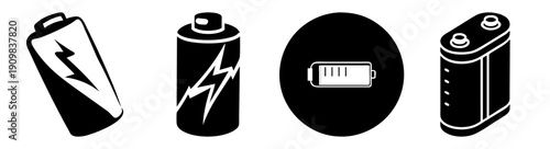 Battery power icons set with charging energy symbols isolated on black background vector illustration