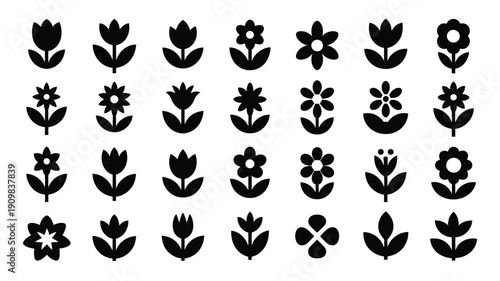 Collection of black flower silhouettes on white background for graphic design isolated floral icons spring garden logo elements decorative blossom shapes