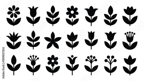 Collection of black floral silhouettes on white background for logo or emblem designs