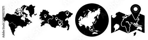 Silhouette of world continents and compass rose on dark grunge background for travel and global business concept