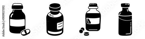 Set of four black and white medical pill bottles with capsules and tablets isolated on plain background