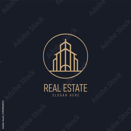 Luxury real estate logo design featuring a minimalist line art skyscraper building icon inside a circle for premium property and architecture branding