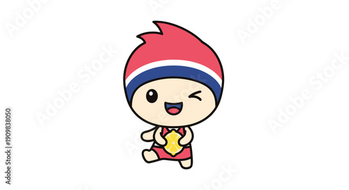 Cute cartoon character with red, white, and blue stripes on head, holding a yellow object, winking and smiling.