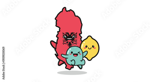 Joyful Albanian map character embracing a lemon and a small blue character. Whimsical illustration representing Albania, suitable for creative and lighthearted projects.