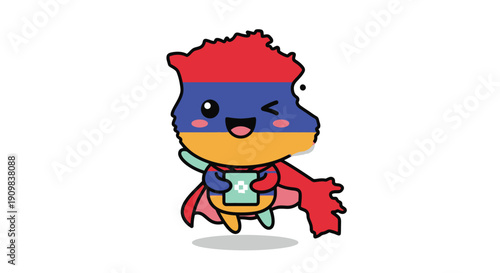 Armenian map as a superhero character with a cape, holding a document. Festive and dynamic illustration representing Armenia for diverse creative uses.