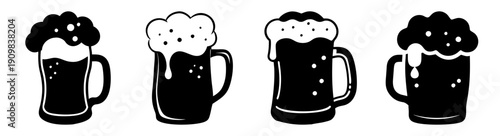 Three cartoon beer mugs with foam overflowing isolated on white background vector illustration