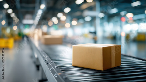 Cardboard box package conveyor belt warehouse logistics shipping processing industrial parcel center busy environment