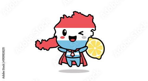 Cute Luxembourg map character dressed as a superhero with red, white, blue flag and a lemon, winking.