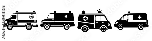 Fleet of black and white emergency response vehicles parked in a row with lights on outdoor scene vector illustration