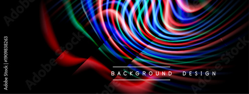 Abstract flowing lines create vibrant energy. Red, blue, green hues dominate dark background. Modern design element.