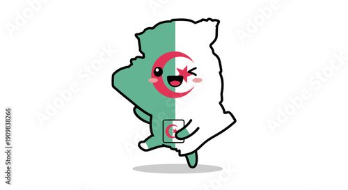 Happy Algeria map character, half green and half white with crescent moon and star, winking and holding a phone.