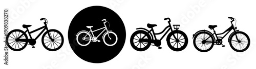 Set of four modern bicycles icons in flat design on circular black background for urban cycling lifestyle