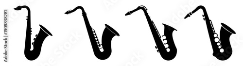 Set of four black saxophone musical instruments isolated on white background for jazz music and concert design