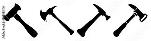 Set of four black axes isolated on white background for tools construction survival or woodworking concept