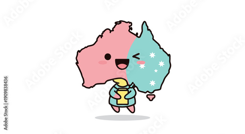 Adorable map character of Australia in pink and teal, holding a tablet and winking, great for travel and educational concepts.