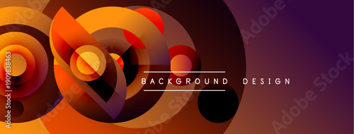 Abstract orange, purple layers create dynamic circular design. Gradient colors blend, forming modern background texture.