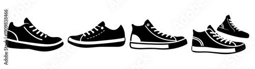 Set of four black and white sneakers isolated on white background flat lay minimalist footwear collection