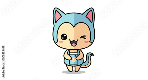 Cute blue cat character holding a glass of lemonade with lemon slices, winking, perfect for refreshing summer or drink themes.