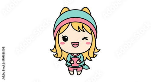 Adorable kawaii girl character in a blue and pink hat, winking and holding a tablet, for cute fashion or tech themes.