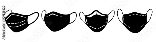 Set of five black face masks isolated on white background minimalist design reusable protective medical hygiene vector illustration