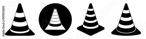 Set of four black and white traffic cones isolated on transparent background for safety and construction design