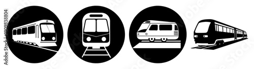 Modern urban transportation set with subway train, metro interior, white van, and high-speed bullet train in black and white vector illustration