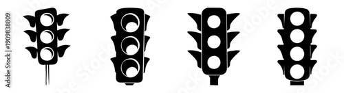 Set of four black and white traffic light icons isolated on transparent background for road safety and urban design