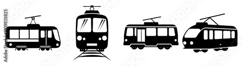 Modern vintage trams and streetcars vector illustration set isolated on white background urban transport