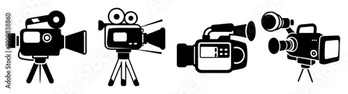 Collection of black professional video and film production equipment icons on white background for media and cinema