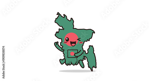 Joyful cartoon map of Bangladesh with its flag, winking and waving, perfect for travel and cultural promotion.
