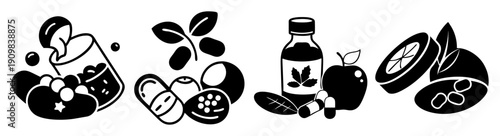 Flat lay herbal medicine set with pills capsules essential oil bottle and natural ingredients for wellness and health