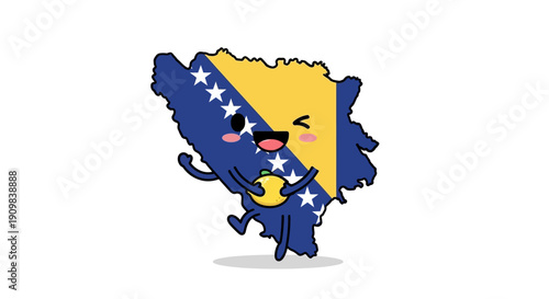 Bosnia and Herzegovina flag map character winking and holding a lemon, cute cartoon illustration for travel or national pride themes.