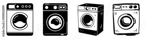 Set of four modern front load washing machines in silver and black isolated on white background for home appliance concept