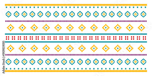 Repeating pixelated geometric pattern with teal yellow red and purple stripes and diamond shapes.