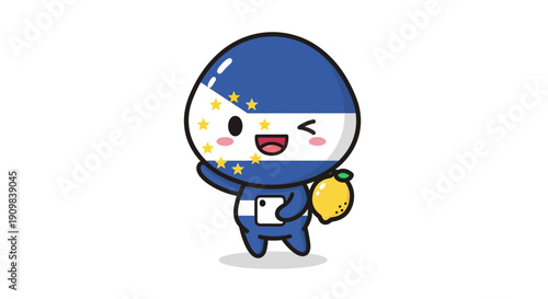 Adorable cartoon character representing the European Union, holding a lemon and book, with a happy wink