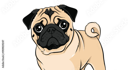 Cute cartoon pug dog with curly tail and adorable expression