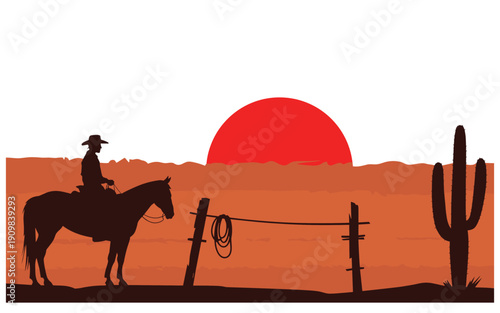 Silhouette of a cowboy on horseback in a desert landscape at sunset with saguaro cactus.