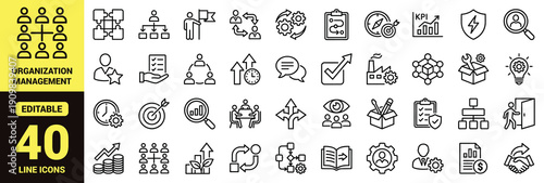 Organization Management line icon set, business management outline vector pack with leadership, workflow, KPI analytics, team hierarchy, strategy, HR and corporate structure symbols isolated