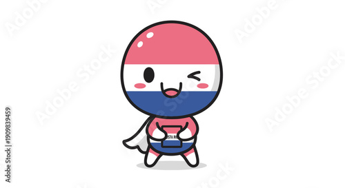 Charming cartoon character resembling Costa Rica flag, wearing a cape, holding a book with a cheerful wink