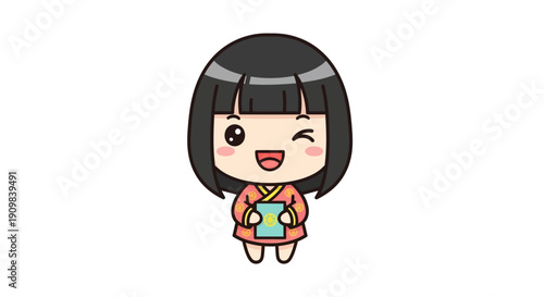 Adorable cartoon girl in traditional Japanese kimono, with black bob hairstyle, winking and holding a book