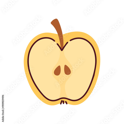 A ripe yellow apple is cut in half to show the juicy pale flesh and small seeds inside. Represents freshness, natural ingredients, and the simple preparation of a healthy afternoon snack.