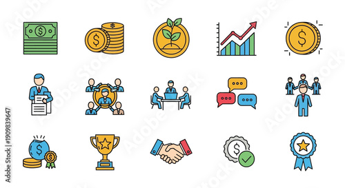 Financial icons depicting money investment and business interactions