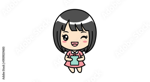 Adorable cartoon girl with black bob haircut holding a passport, winking and smiling, wearing a pink dress. Kawaii illustration for travel.