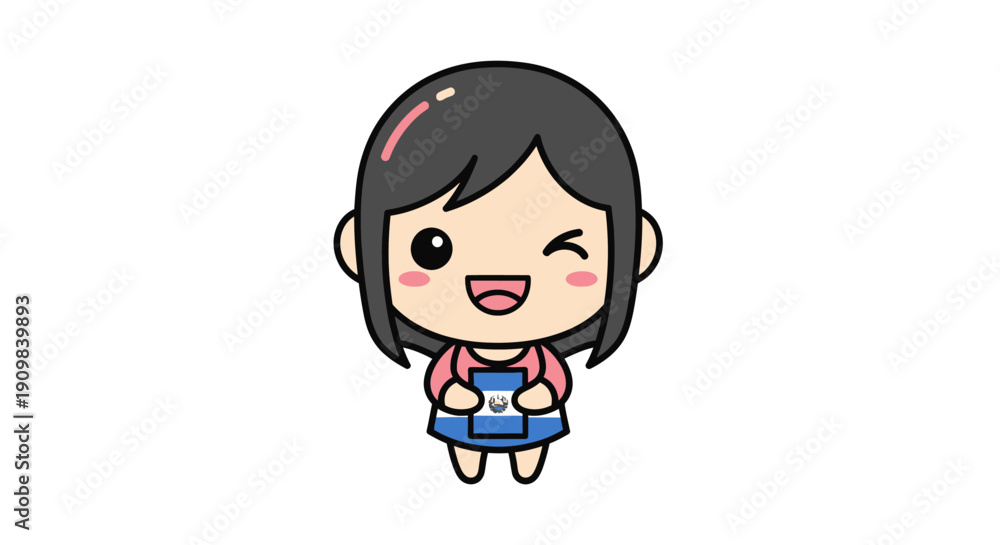 Obraz premium Adorable cartoon girl with black hair holding a passport featuring the flag of El Salvador, winking and smiling. Kawaii travel illustration.