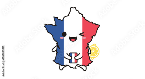 Happy cartoon map of France with its flag, holding a lemon and smiling, winking. Kawaii travel and food concept.