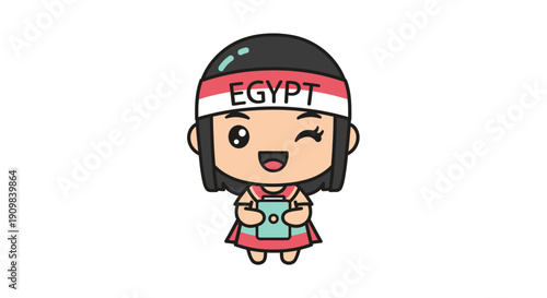 Happy cartoon girl character with black hair and 'EGYPT' headband, holding a teal document, winking. Kawaii travel and culture illustration.