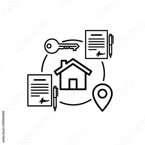 Real Estate Transaction Process with House Key and Contract Icon.